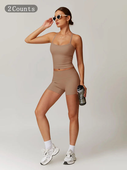 Women's Backless Crop Cami & Shorts Set for Activewear and Yoga