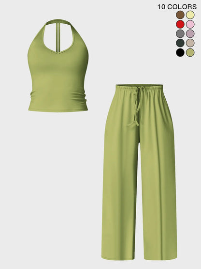 Women's Halter Neck Top & Wide Leg Pants Sports Set, Casual Sleeveless Top & Pants