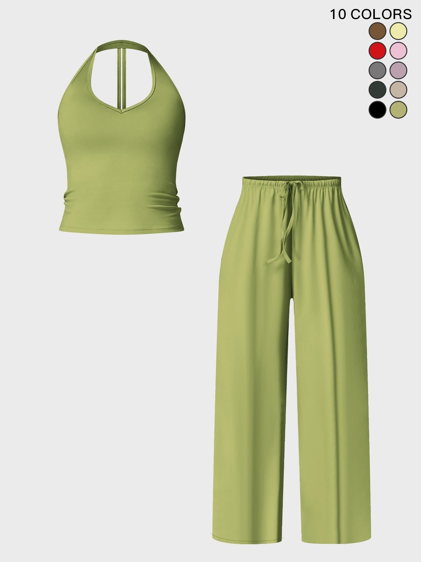 Women's Halter Neck Top & Wide Leg Pants Sports Set, Casual Sleeveless Top & Pants - image 25