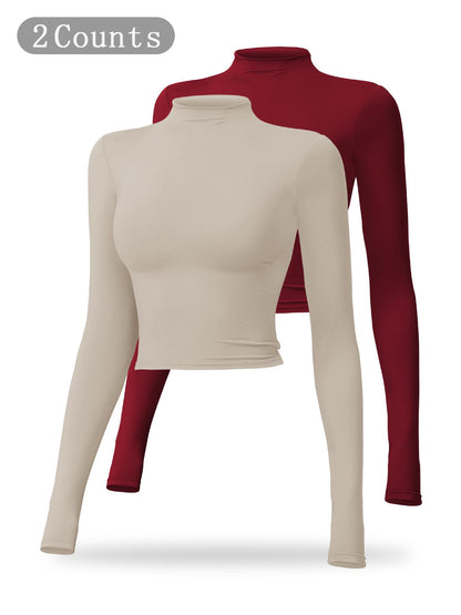 Women's Solid Mock Neck Sports Tee, Quick-Dry Breathable Long Sleeve T-Shirt for Yoga - image 28