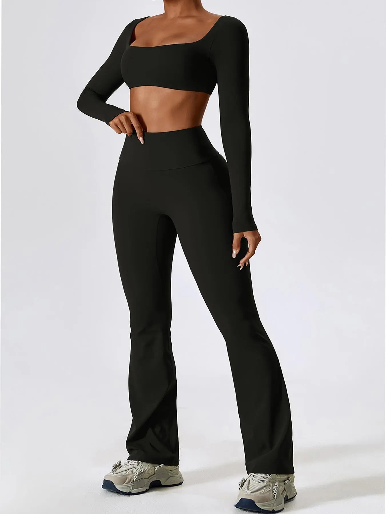 Women's Solid Square Neck Crop Top & High Waist Flare Leg Pants Tracksuit Set, Sporty Comfy…