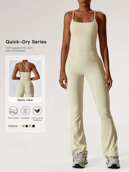 Two-Piece Set Women's Solid Criss Cross Backless Cami Top & Flare Leg Pants, Fitness Activewear