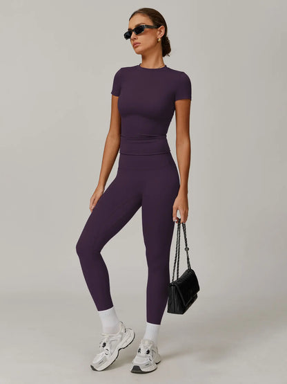 Women's Solid Color Top & High Waist Leggings Sports Set, Casual Comfy Breathable Two-piece Sports…