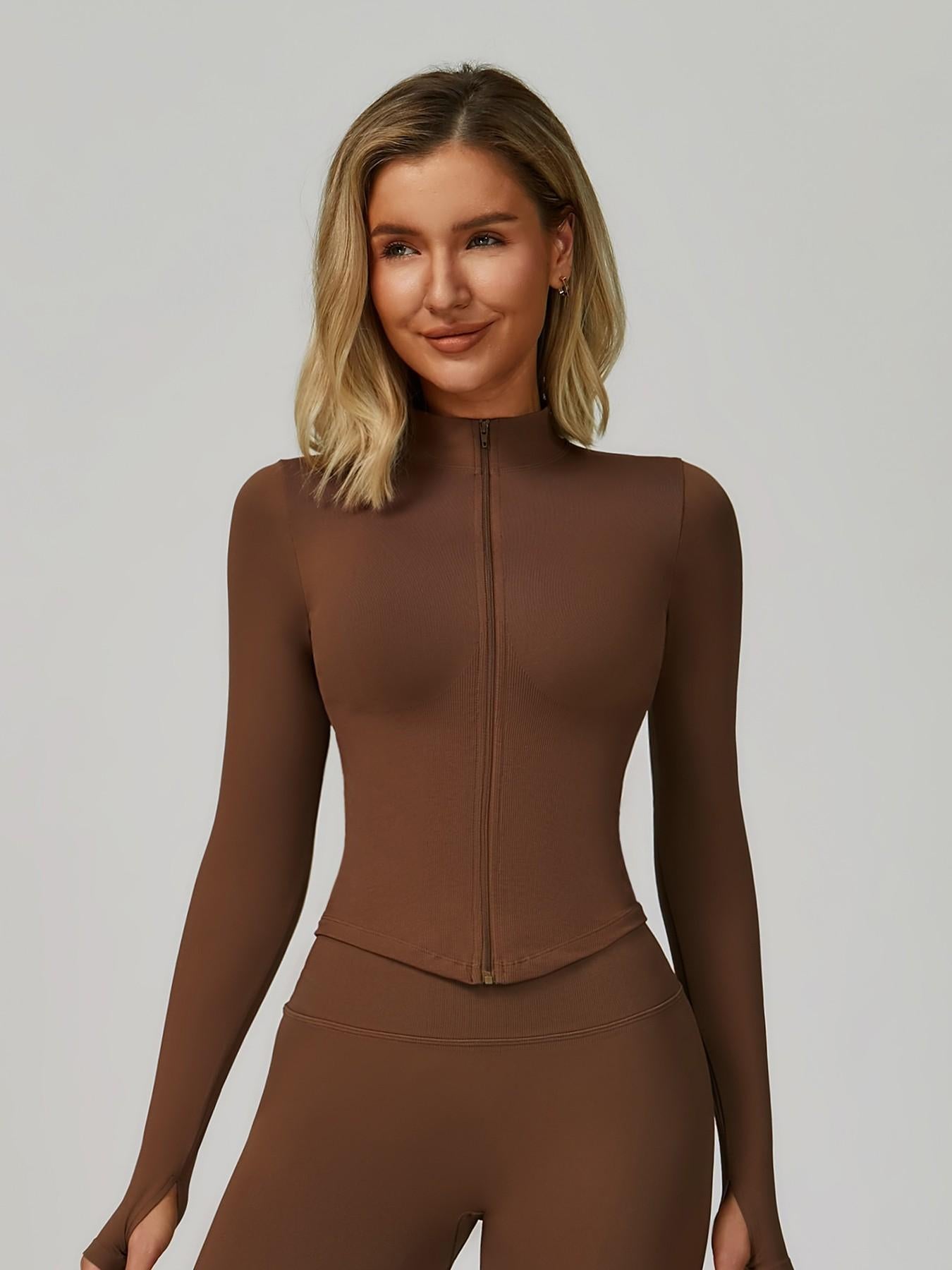 Women's Stand Collar Zipper Long Sleeve Yoga Jacket, Tight Fit Quick-Dry Yoga Wear - image 14