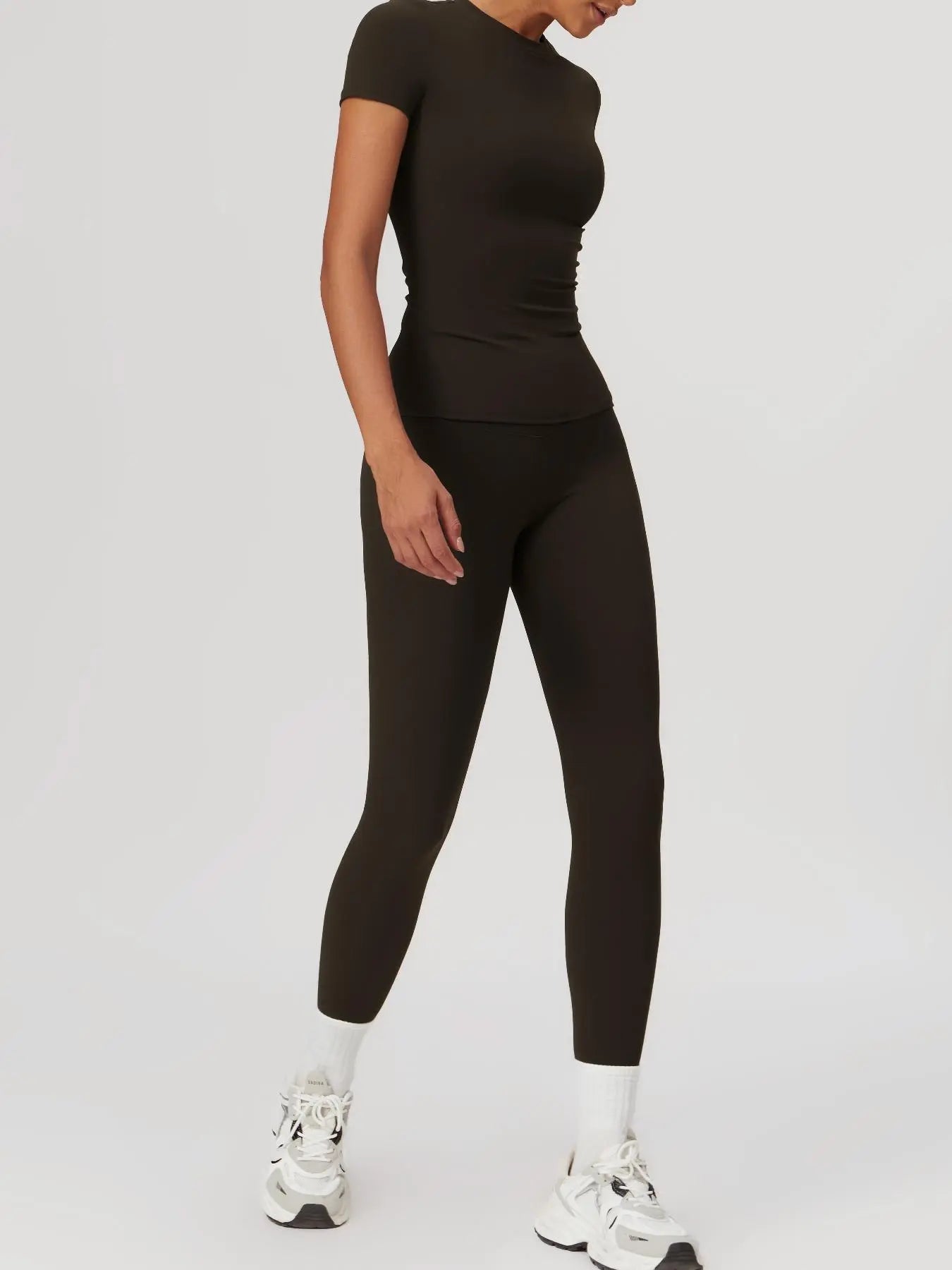 Women's Plain Round Neck Crop Tee & High Waist Leggings Tracksuit Set, Athleisure Workout Set
