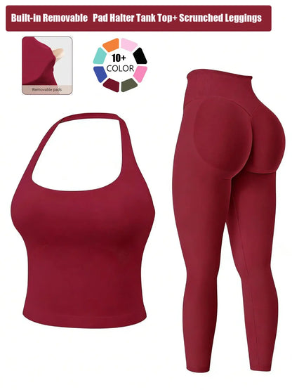 Two-Piece Set Women's Solid Seamless Crop Tank Top & High Waist Leggings Tracksuit Set…