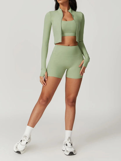 Women's Solid Criss Cross Bra & Funnel Neck Top & Shorts Three-pieces Set, Sportswear Set for Yoga…