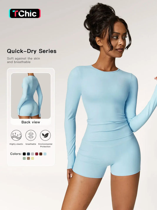 Women's Solid Round Neck Sports Tee & High Waist Shorts Set