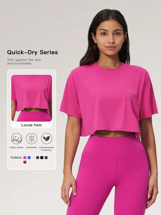 Women's Sporty Short Sleeve Yoga Top, Loose Fit Round Neck Crop Tee - image 4