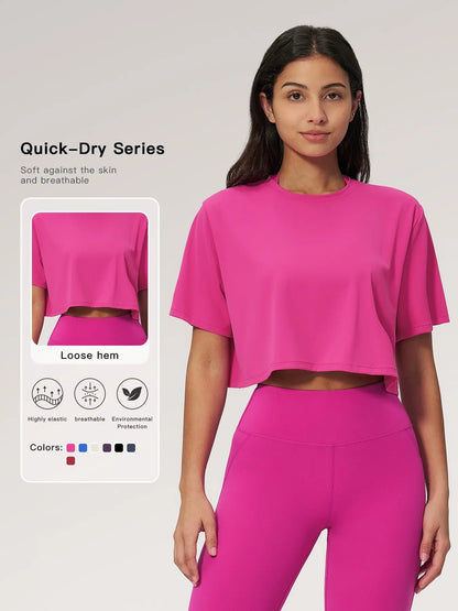 Women's Sporty Short Sleeve Yoga Top, Loose Fit Round Neck Crop Tee
