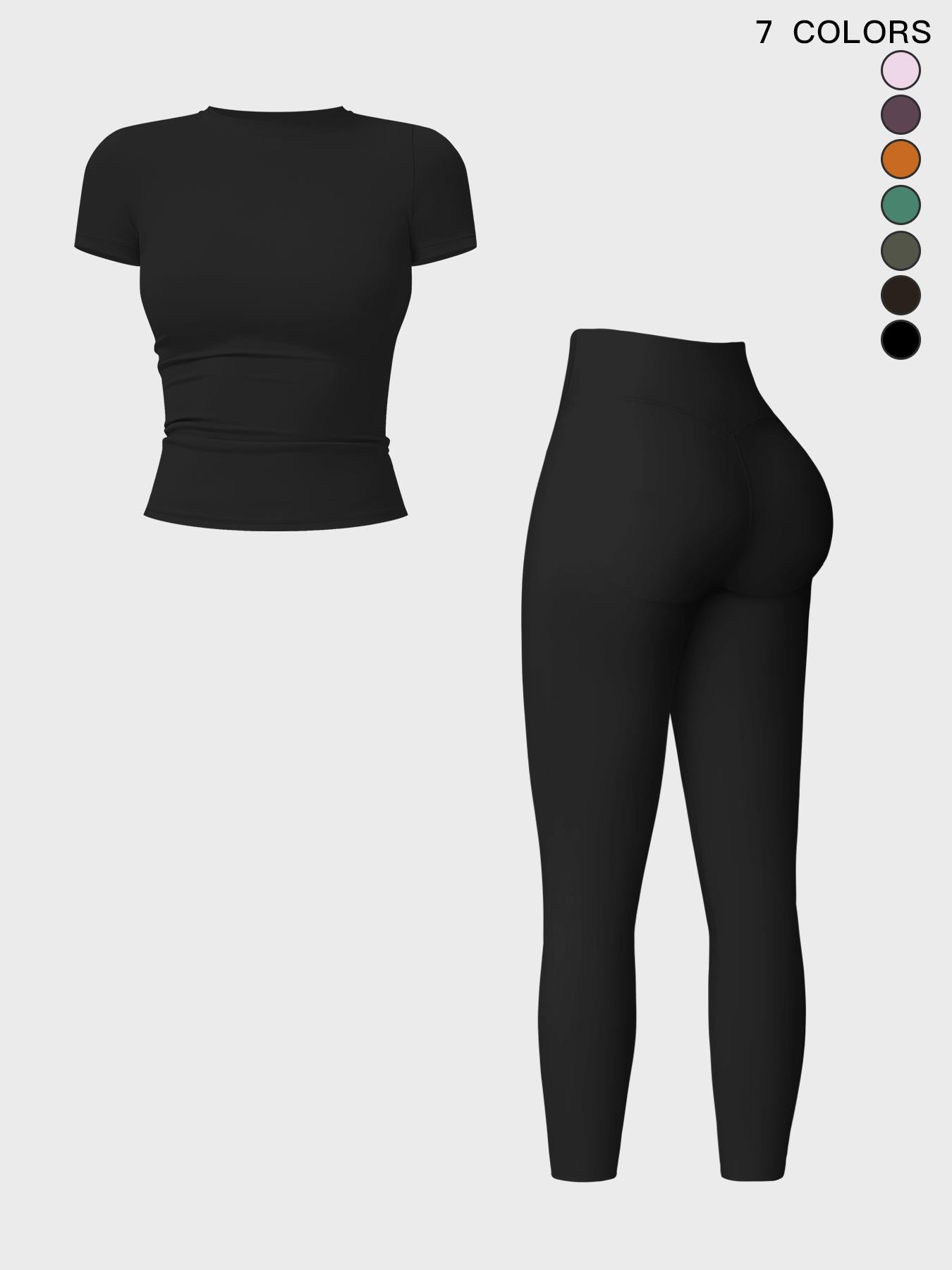 Women's Plain Round Neck Crop Tee & High Waist Leggings Tracksuit Set, Activewear Set - image 11