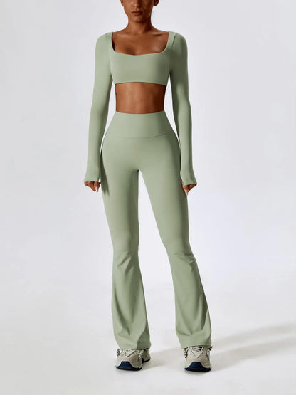 Women's Solid Square Neck Crop Top & High Waist Flare Leg Pants Tracksuit Set, Sporty Comfy…