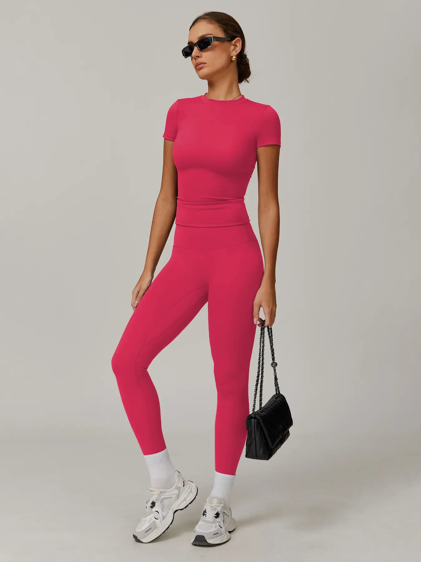 Women's Solid Color Top & High Waist Leggings Sports Set, Casual Comfy Breathable Two-piece Sports…