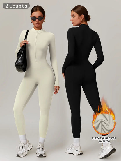 Women's Solid Zip-up Skiing Jumpsuit - Sporty Activewear