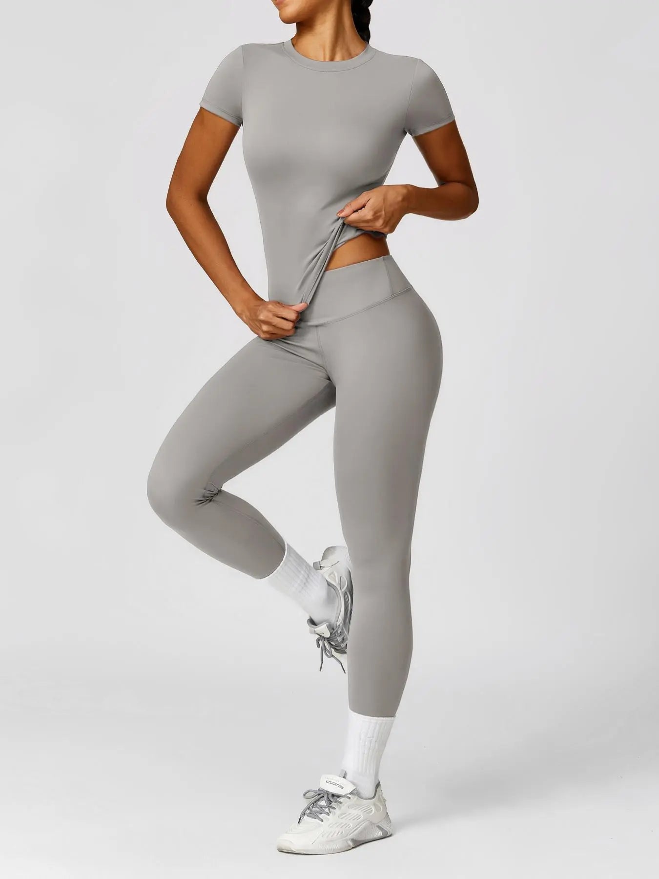 Women's Plain Round Neck Crop Tee & High Waist Leggings Tracksuit Set, Athleisure Workout Set