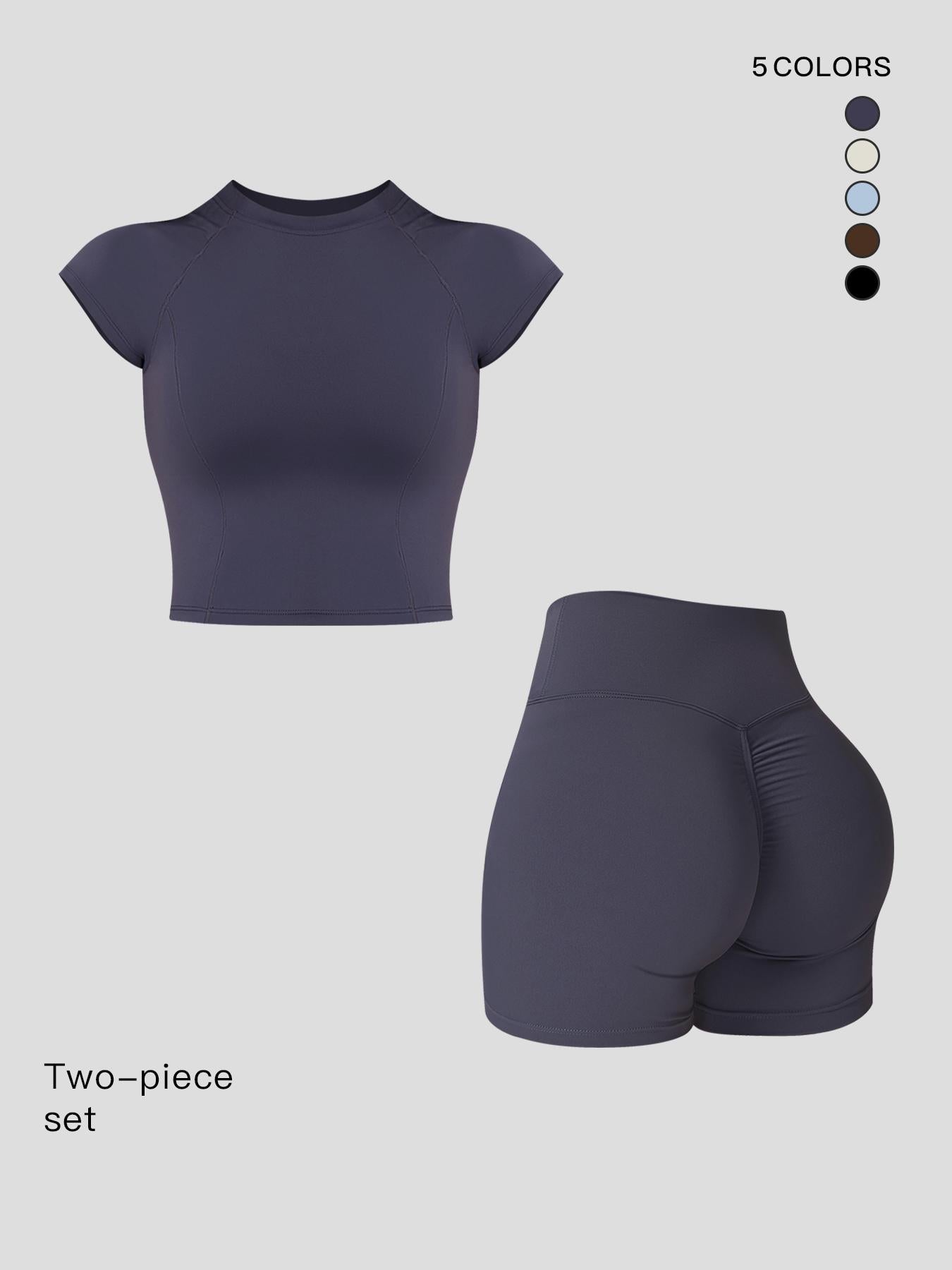 Two-Piece Set Women's Solid Raglan Sleeve Crop Top & High Waist Shorts Tracksuit Set, Sporty Plain… - image 11