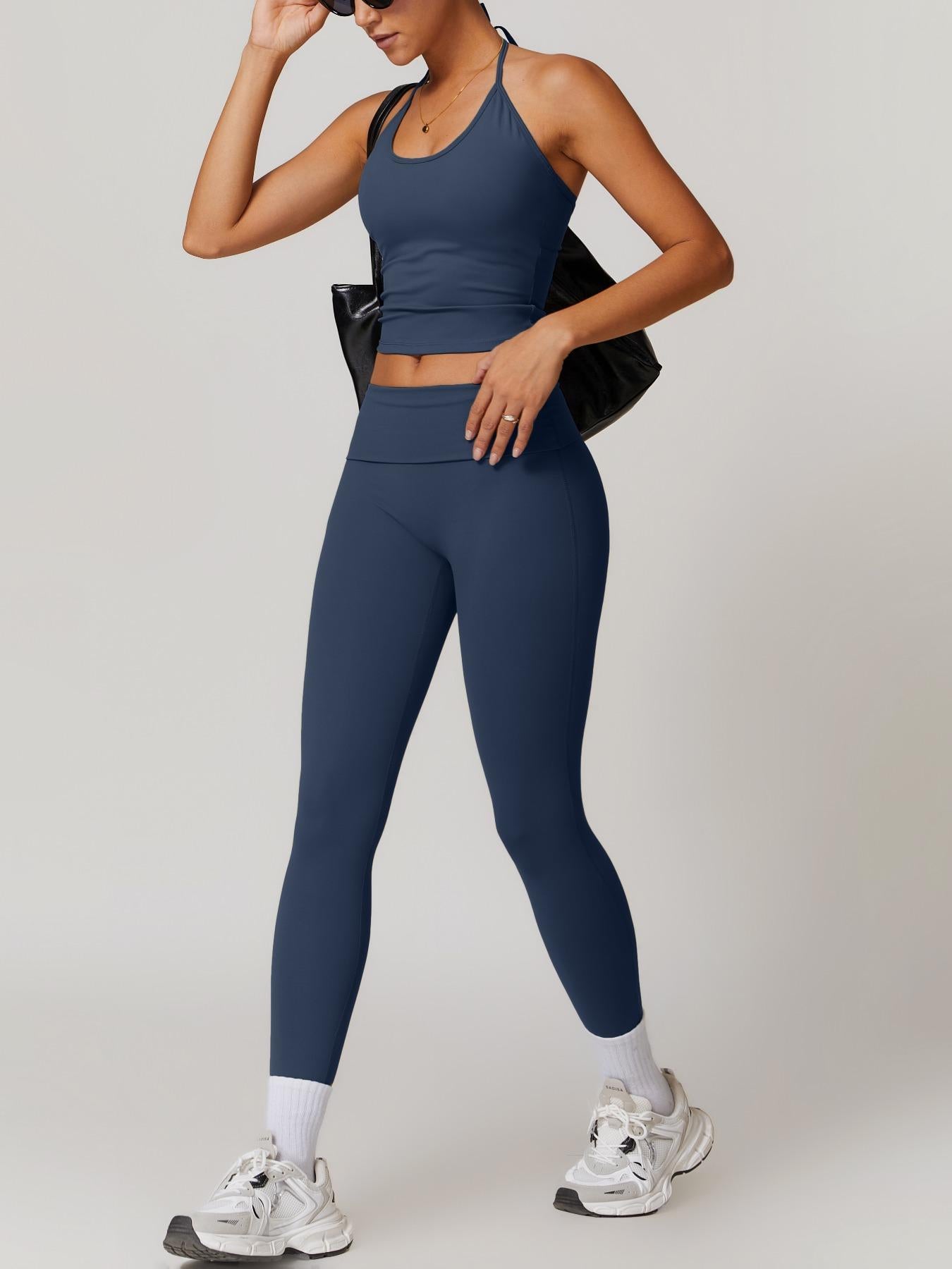 Two-Piece Set Women's Solid Backless Halter Crop Top & Fold Over Waist Leggings Tracksuit Set, Casual… - image 13
