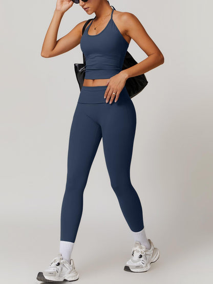 Two-Piece Set Women's Solid Backless Halter Crop Top & Fold Over Waist Leggings Tracksuit Set, Casual… - image 13