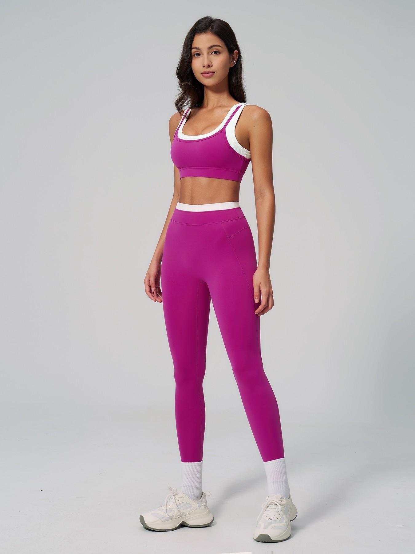 Women's Two-Piece Colorblock Yoga Set, High-Waisted Ribbed Casual Fitness Sportswear - image 15