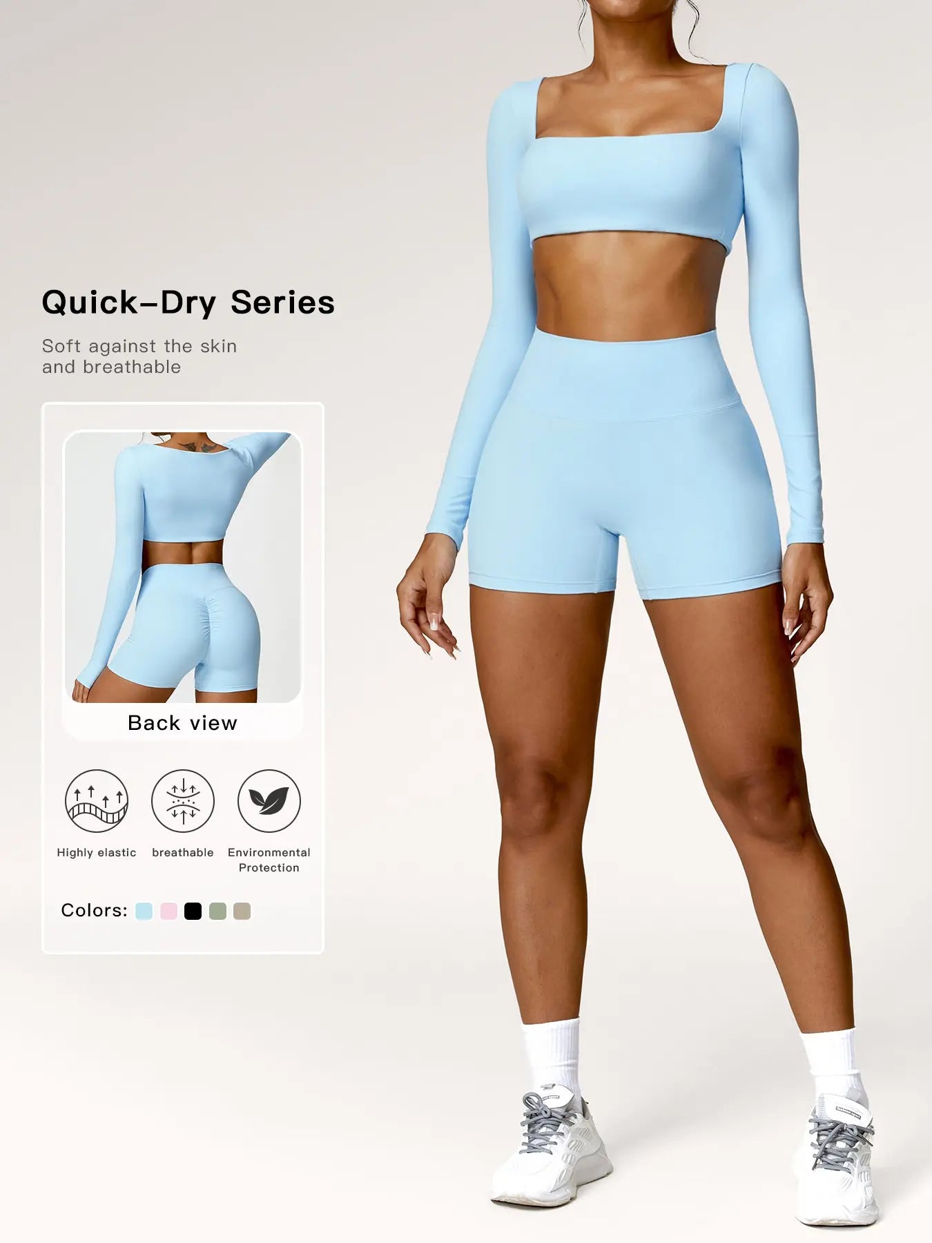 Women's Solid Long Sleeve Crop Tee & High Waist Shorts Tracksuit Set, Sporty Square Neck Top & Short…