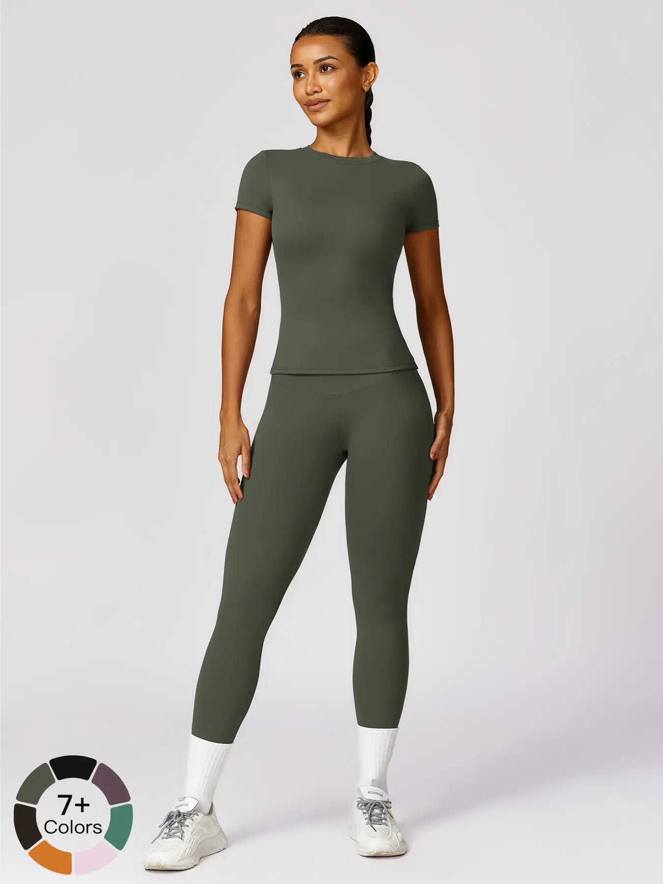 Women's Plain Round Neck Crop Tee & High Waist Leggings Tracksuit Set, Activewear Set - image 9