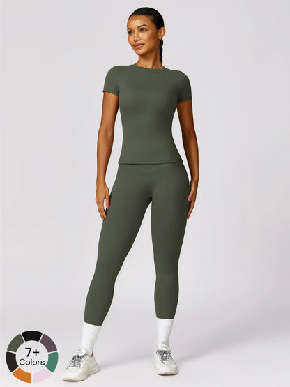 Women's Plain Round Neck Crop Tee & High Waist Leggings Tracksuit Set, Activewear Set - image 9