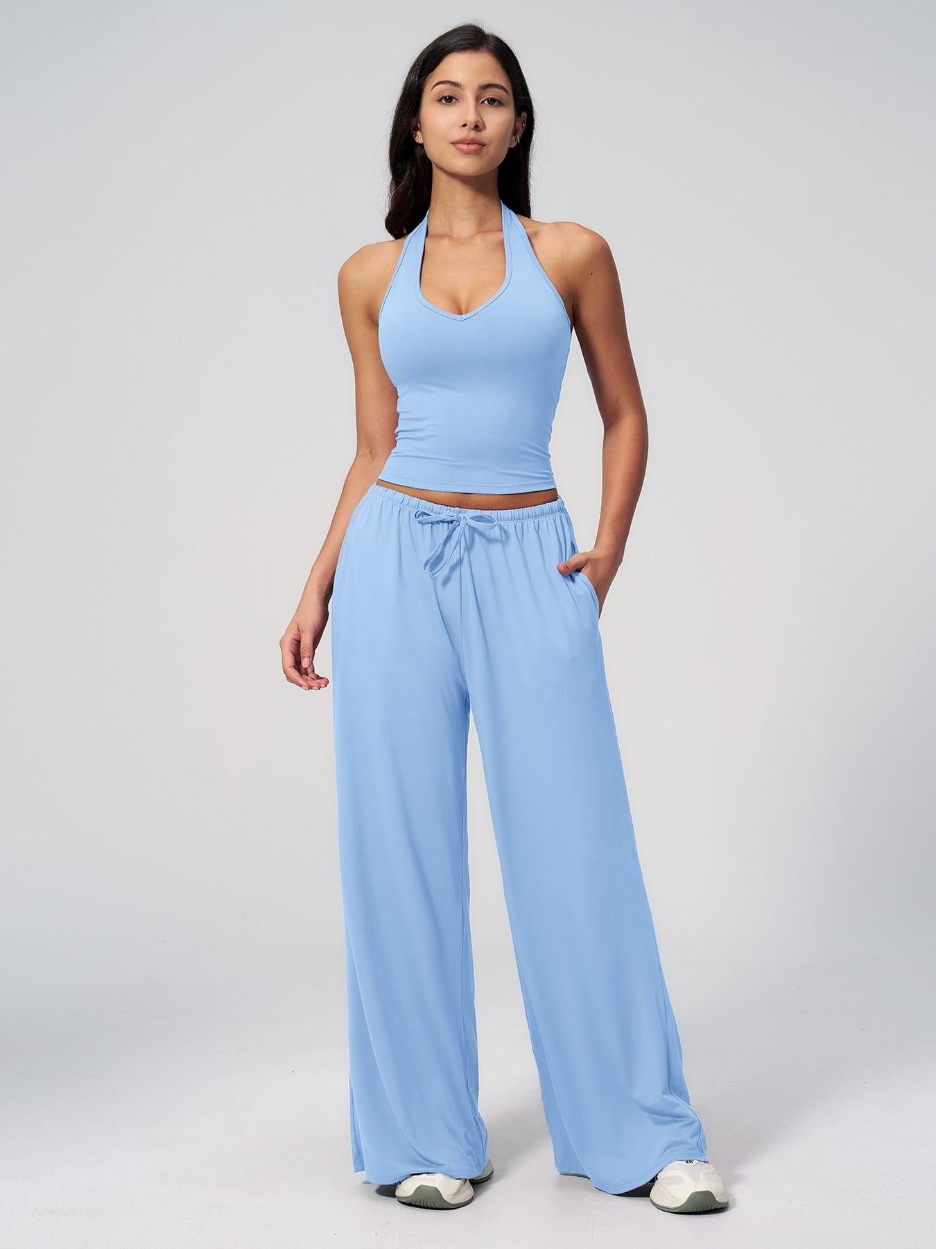 Women's Solid Halter Neck Top & Wide Leg Pants Sports Set, Casual Sleeveless Top & Pants for Daily… - image 15
