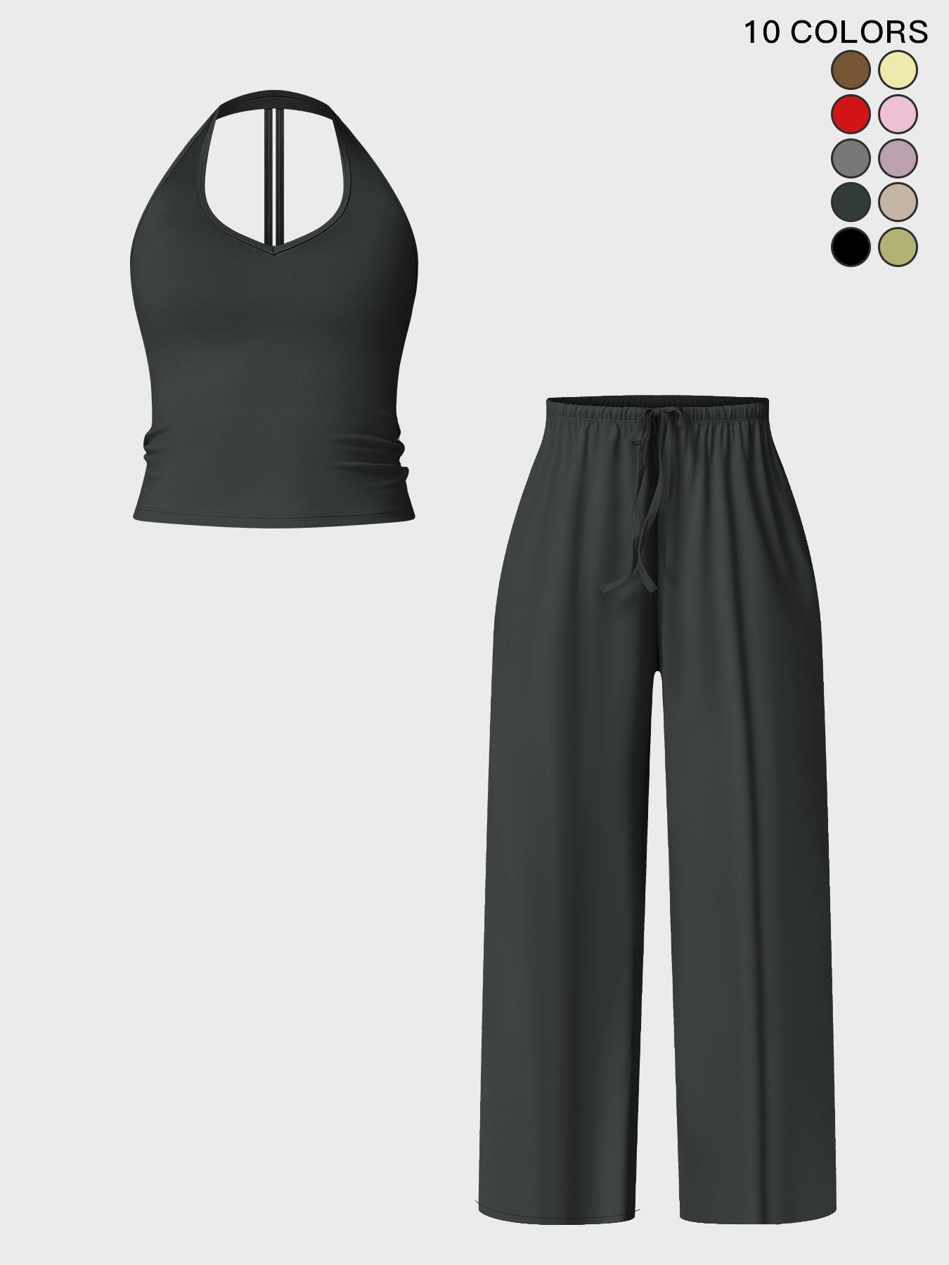Women's Halter Neck Top & Wide Leg Pants Sports Set, Casual Sleeveless Top & Pants - image 27