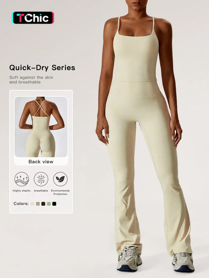 Two-Piece Set Women's Solid Criss Cross Backless Cami Top & Flare Leg Pants, Fitness Activewear