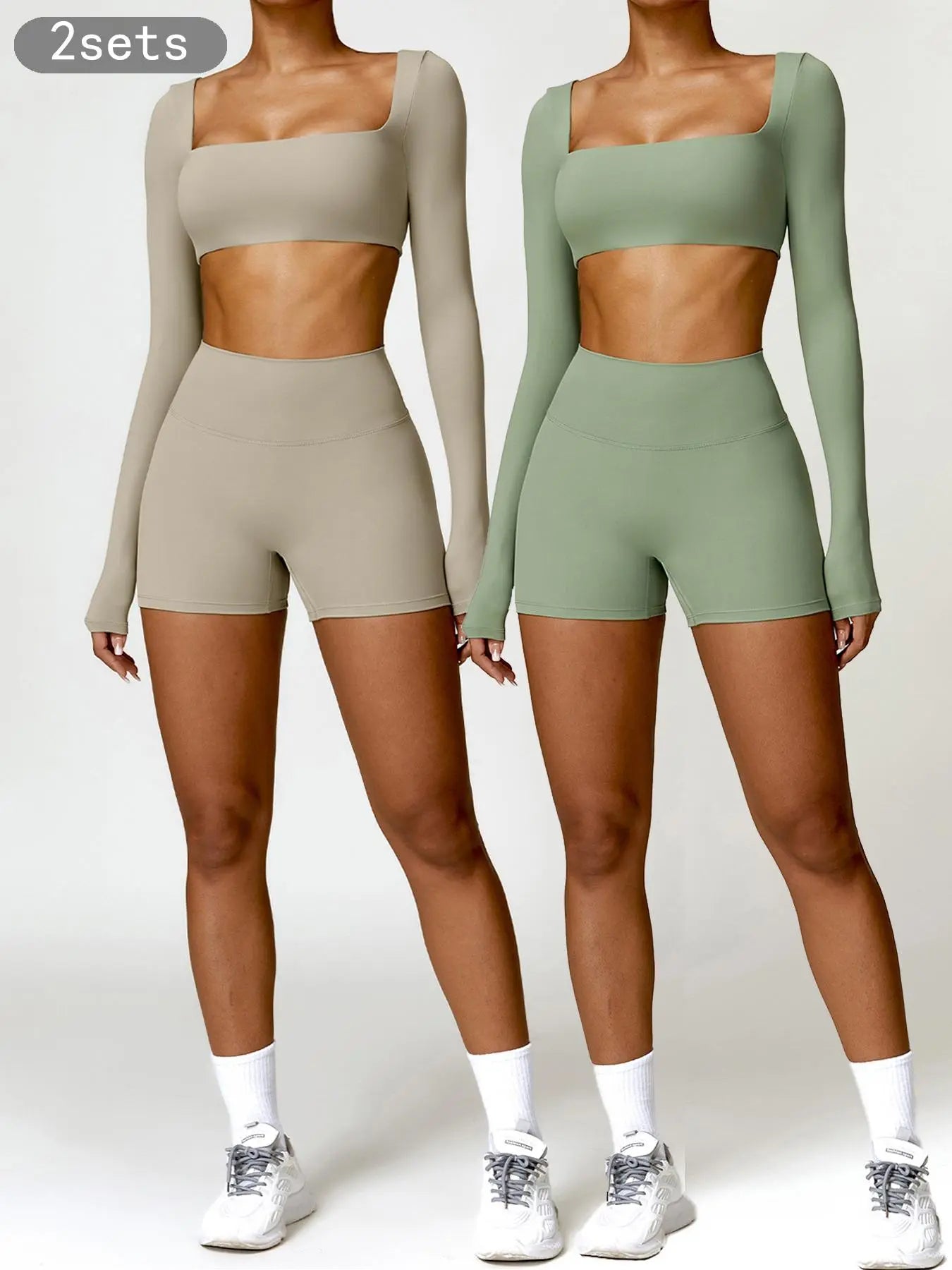 Women's Solid Long Sleeve Crop Tee & High Waist Shorts Tracksuit Set, Sporty Square Neck Top & Short… - image 6