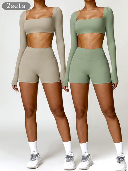 Women's Solid Long Sleeve Crop Tee & High Waist Shorts Tracksuit Set, Sporty Square Neck Top & Short… - image 16