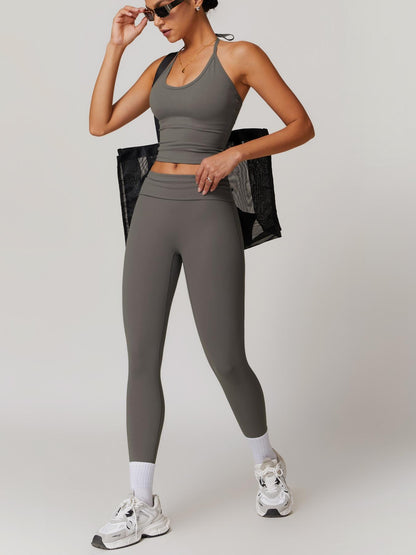 Two-Piece Set Women's Solid Backless Halter Crop Top & Fold Over Waist Leggings Tracksuit Set, Casual… - image 16