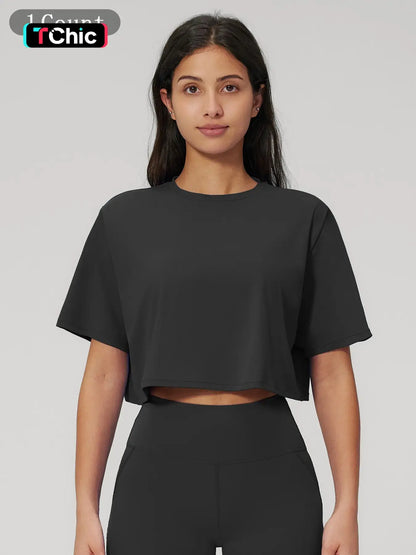 Women's Sporty Short Sleeve Yoga Top, Loose Fit Round Neck Crop Tee