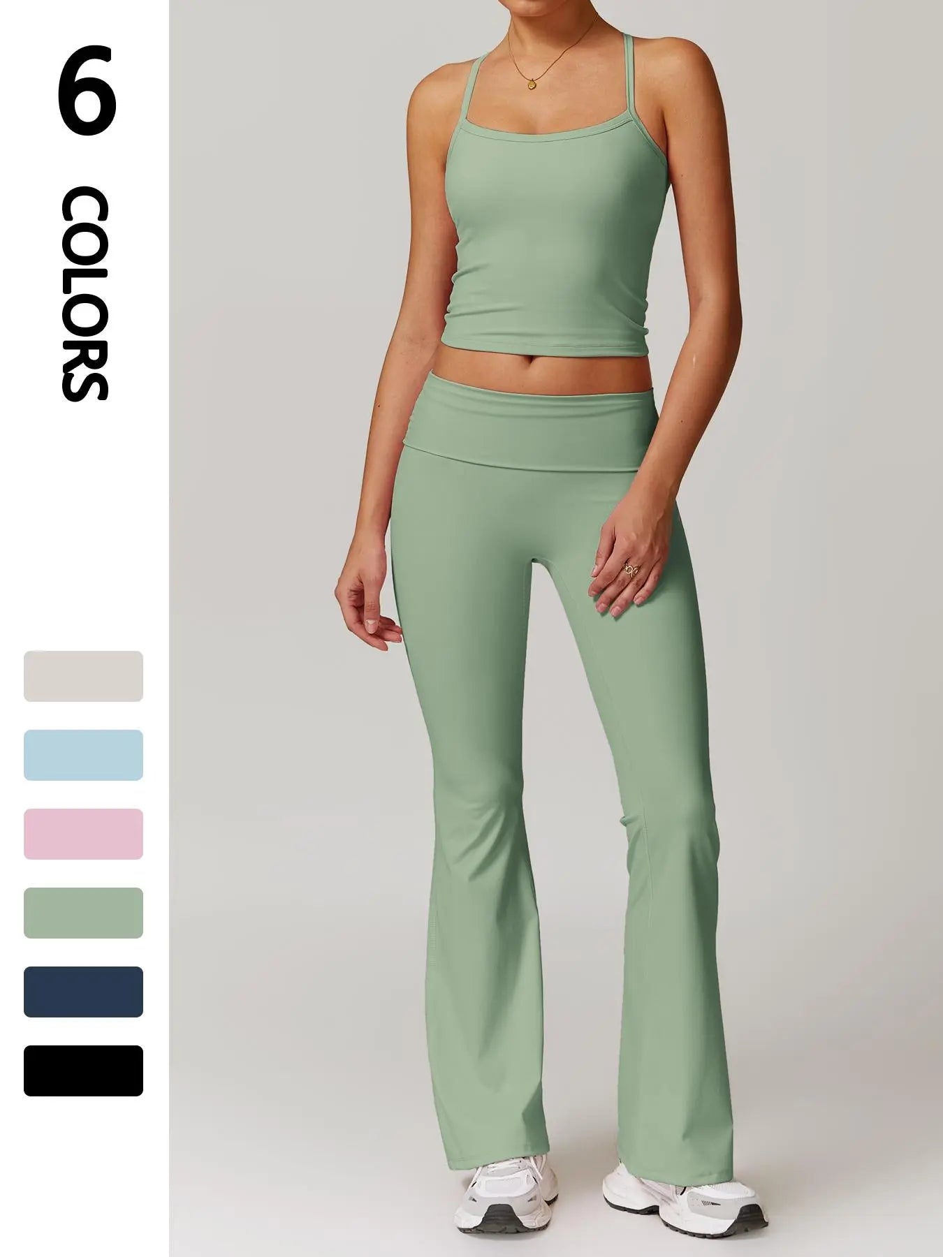 Sporty Two-Piece Set Women's Plain Crop Cami Top & Flare Leg Pants Sports Set, Activewear Fitness…