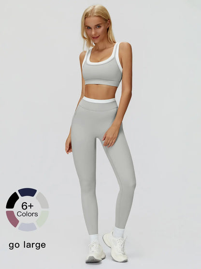 Women's Two-Piece Colorblock Yoga Set, High-Waisted Ribbed Casual Fitness Sportswear - image 7