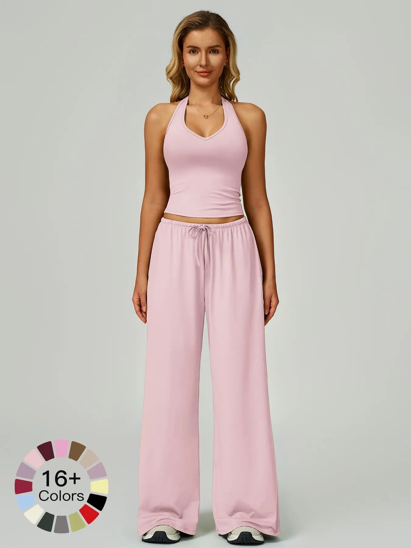 Women's Solid Halter Neck Top & Wide Leg Pants Sports Set, Casual Sleeveless Top & Pants for Daily…