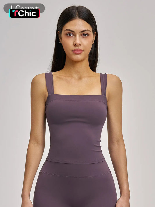 High Elasticity Square Neck Yoga Tank Top with Chest Padding, Outdoor Fitness Sports Bra for Women