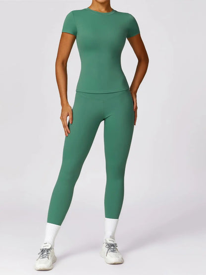 Women's Plain Round Neck Crop Tee & High Waist Leggings Tracksuit Set, Athleisure Workout Set