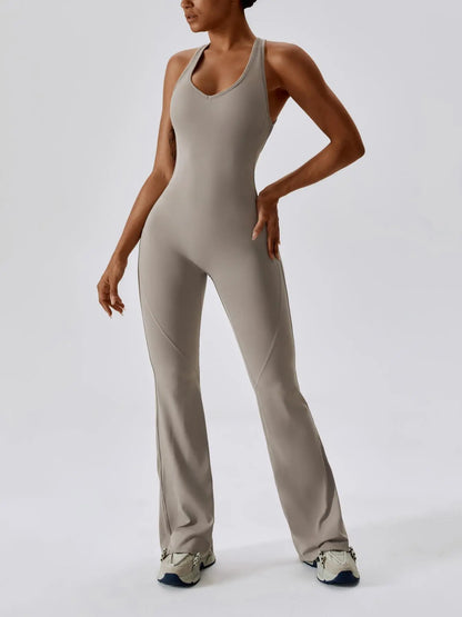 Women's Solid Cut Out Backless Sports Tummy Control Jumpsuit, Quick Drying U Neck Sleeveless Jumpsuit…