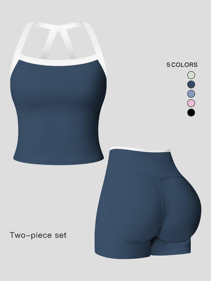 Women's Athletic Yoga Set, Sporty Plain Colorblock Crisscross Backless Crop Top & Tight-Fitting Shorts - image 20