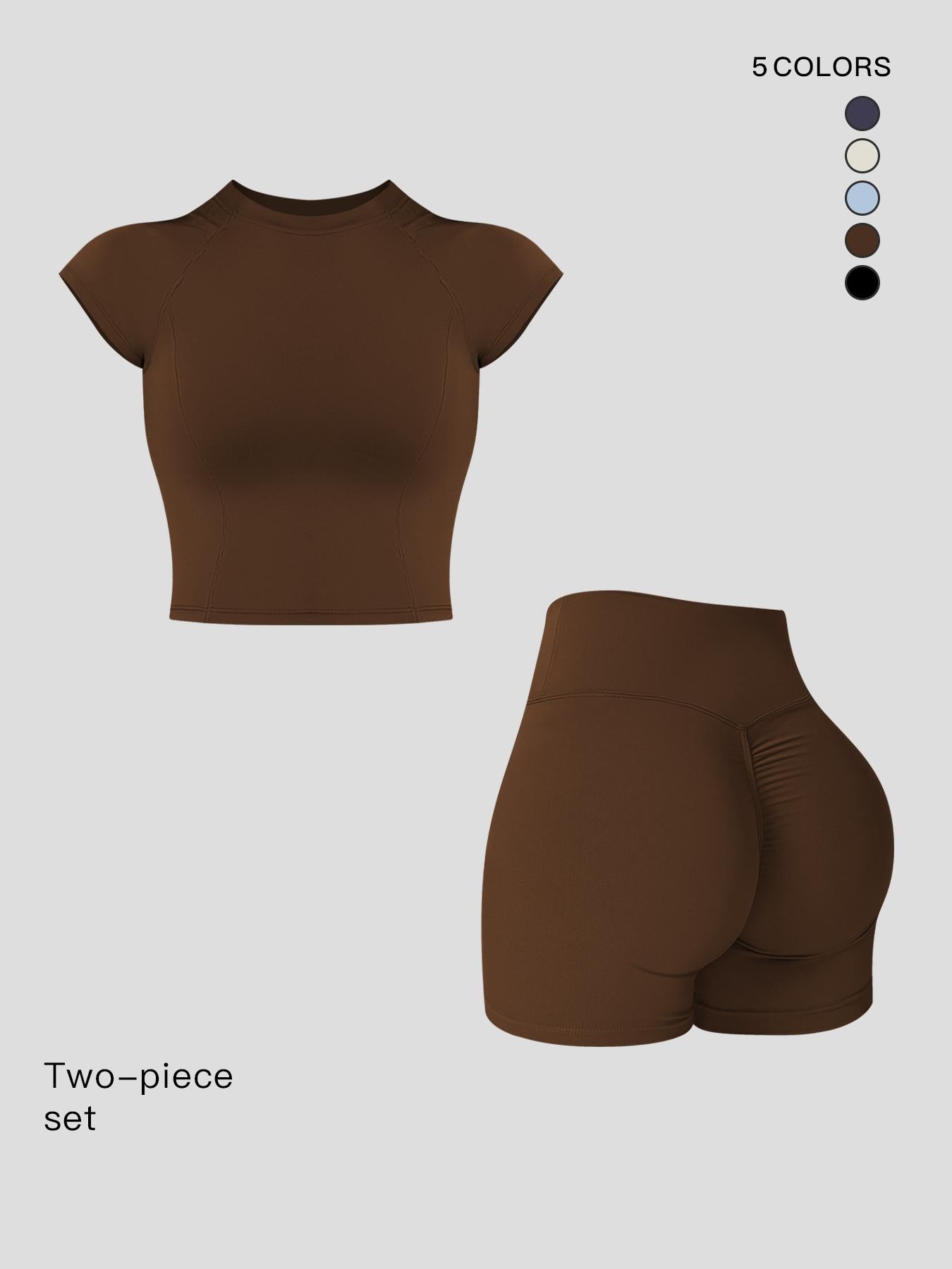 Two-Piece Set Women's Solid Raglan Sleeve Crop Top & High Waist Shorts Tracksuit Set, Sporty Plain… - image 20