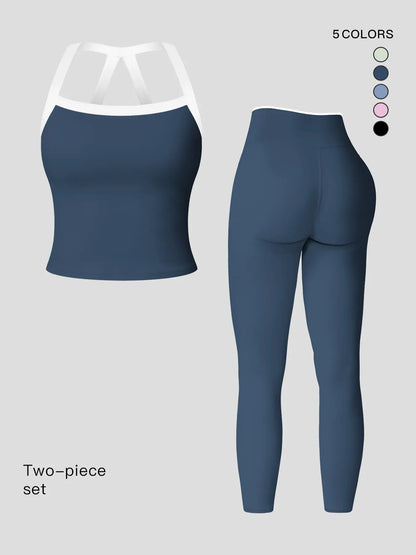 Women's Yoga Set, Colorblock Crisscross Backless Crop Top & High Waist Leggings