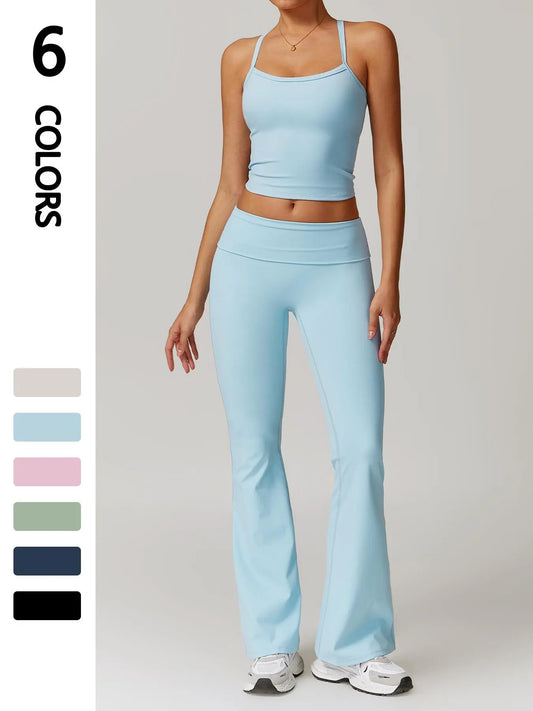 Sporty Two-Piece Set Women's Plain Crop Cami Top & Flare Leg Pants Sports Set, Activewear Fitness… - image 4