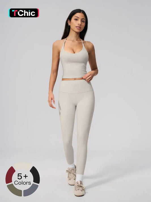 V-Neck Halter Sports Set, High Waist Butt Lifting