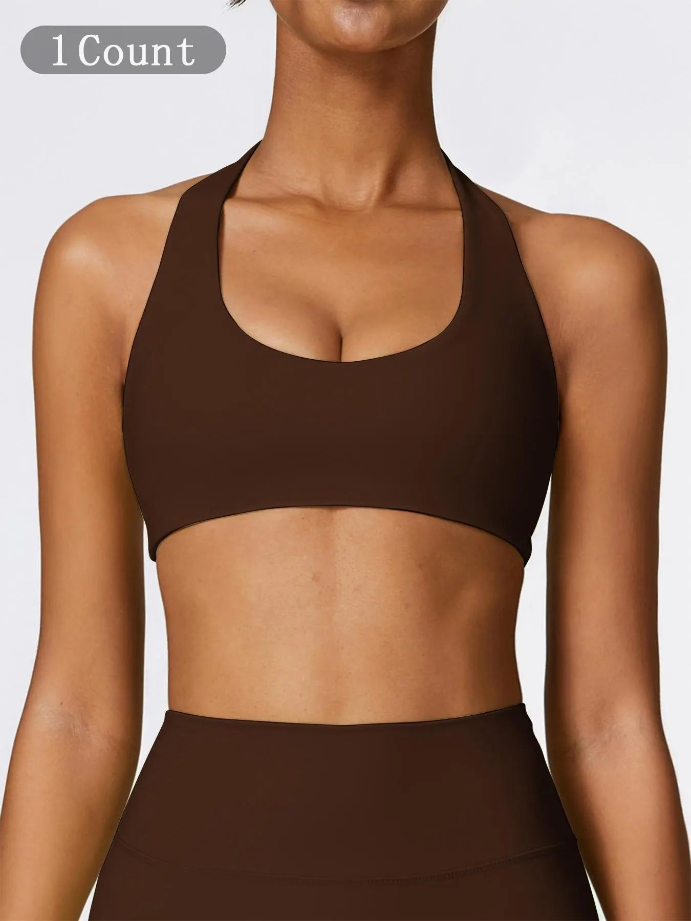 Women's Solid Wireless Halter Sports Bra, Breathable Comfortable High Stretch Sports Bra