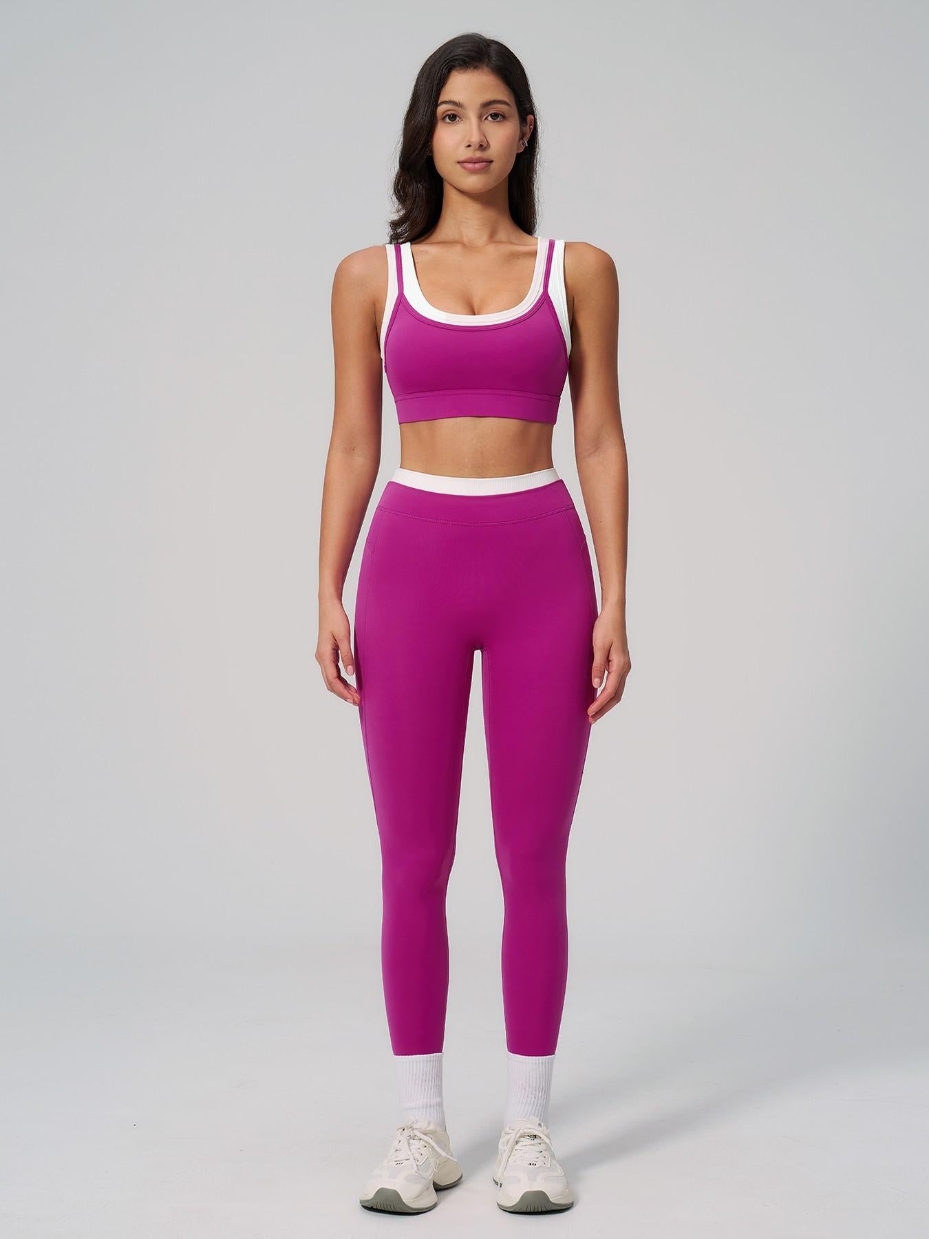 Women's Two-Piece Colorblock Yoga Set, High-Waisted Ribbed Casual Fitness Sportswear - image 14