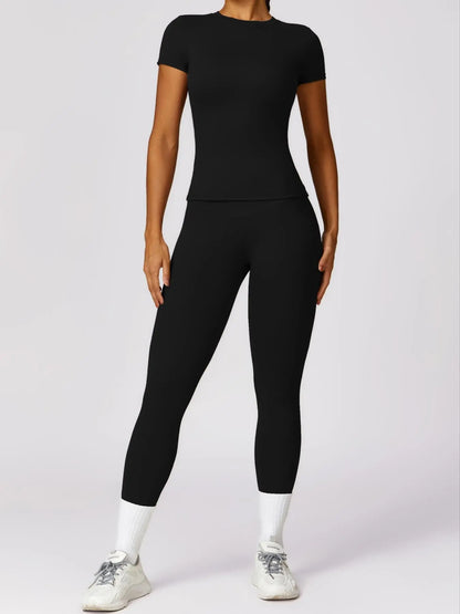 Women's Plain Round Neck Crop Tee & High Waist Leggings Tracksuit Set, Athleisure Workout Set