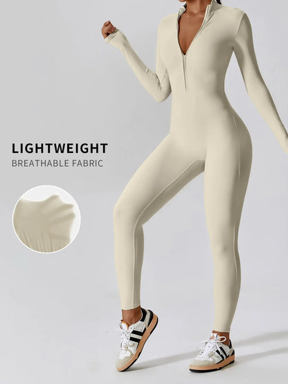 Women's Solid Zip Up Long Sleeve Sports Jumpsuit - image 6