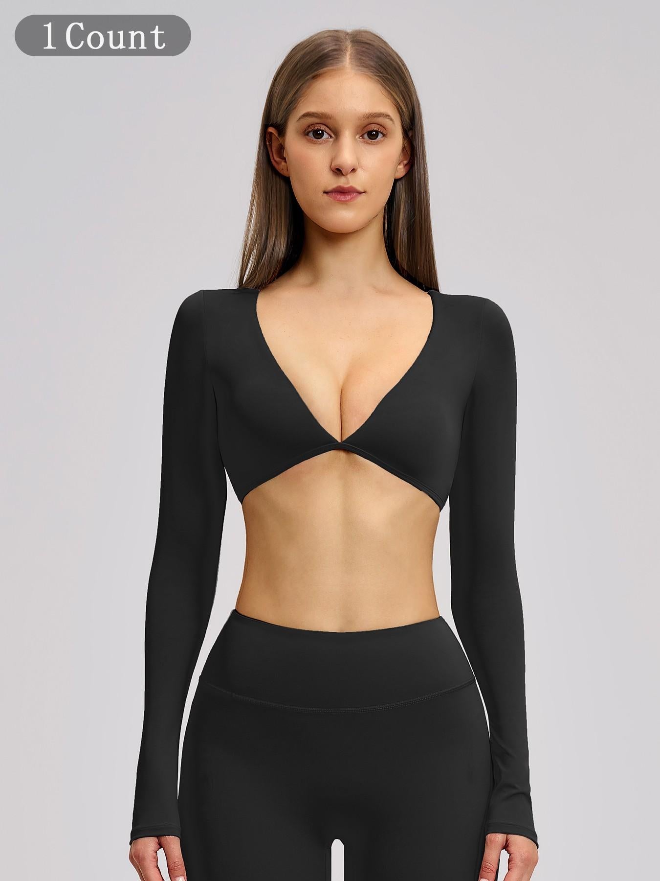 Women's Long Sleeve V Neck Yoga Top, Fashionable Short Activewear Workout Sports Shirt for Outdoor… - image 11