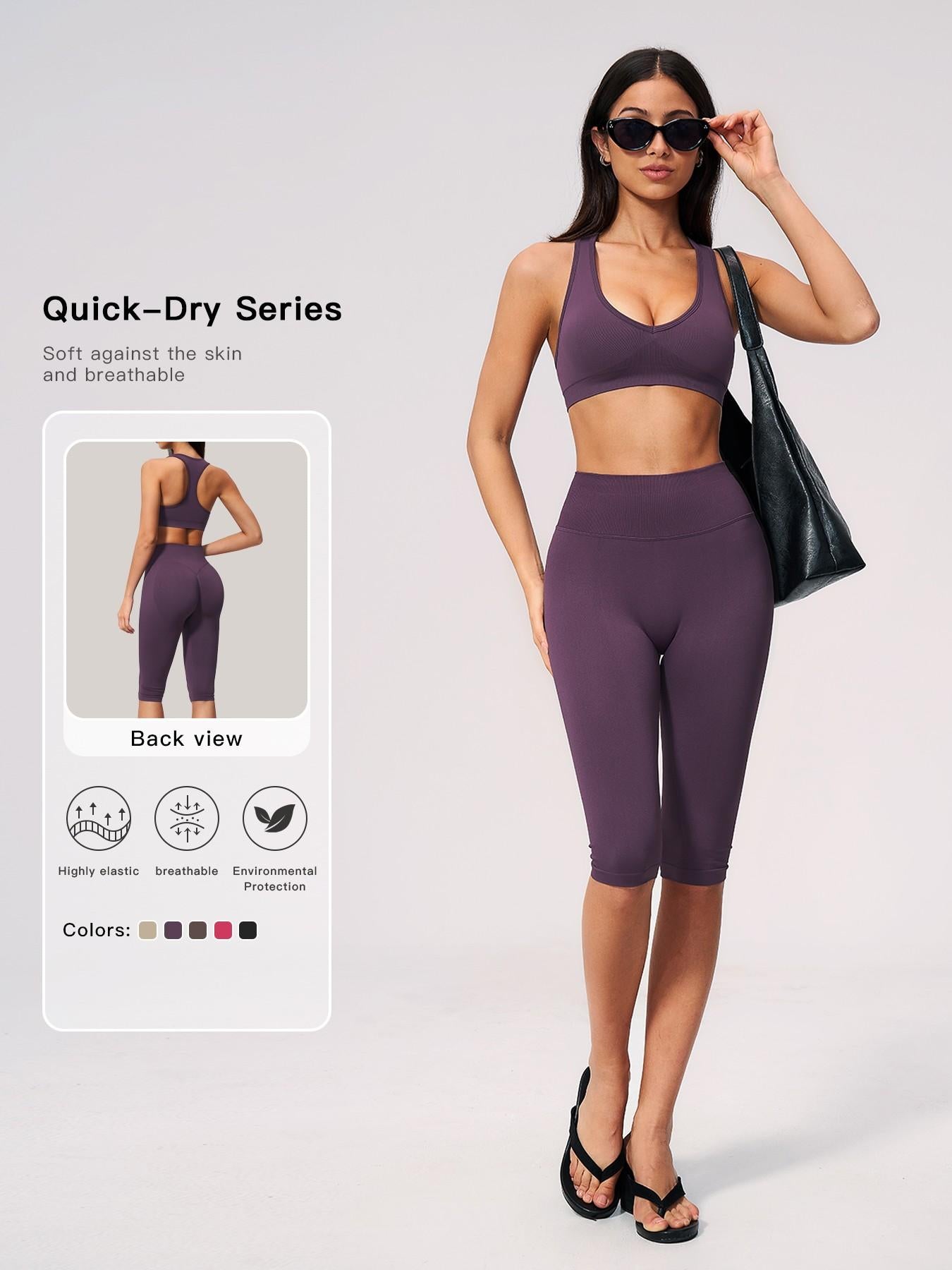 Seamless Yoga Workout Set, V-Neck Tight Fit Quick-Dry Moisture-Wicking High Waist Butt Lifting Sports… - image 11